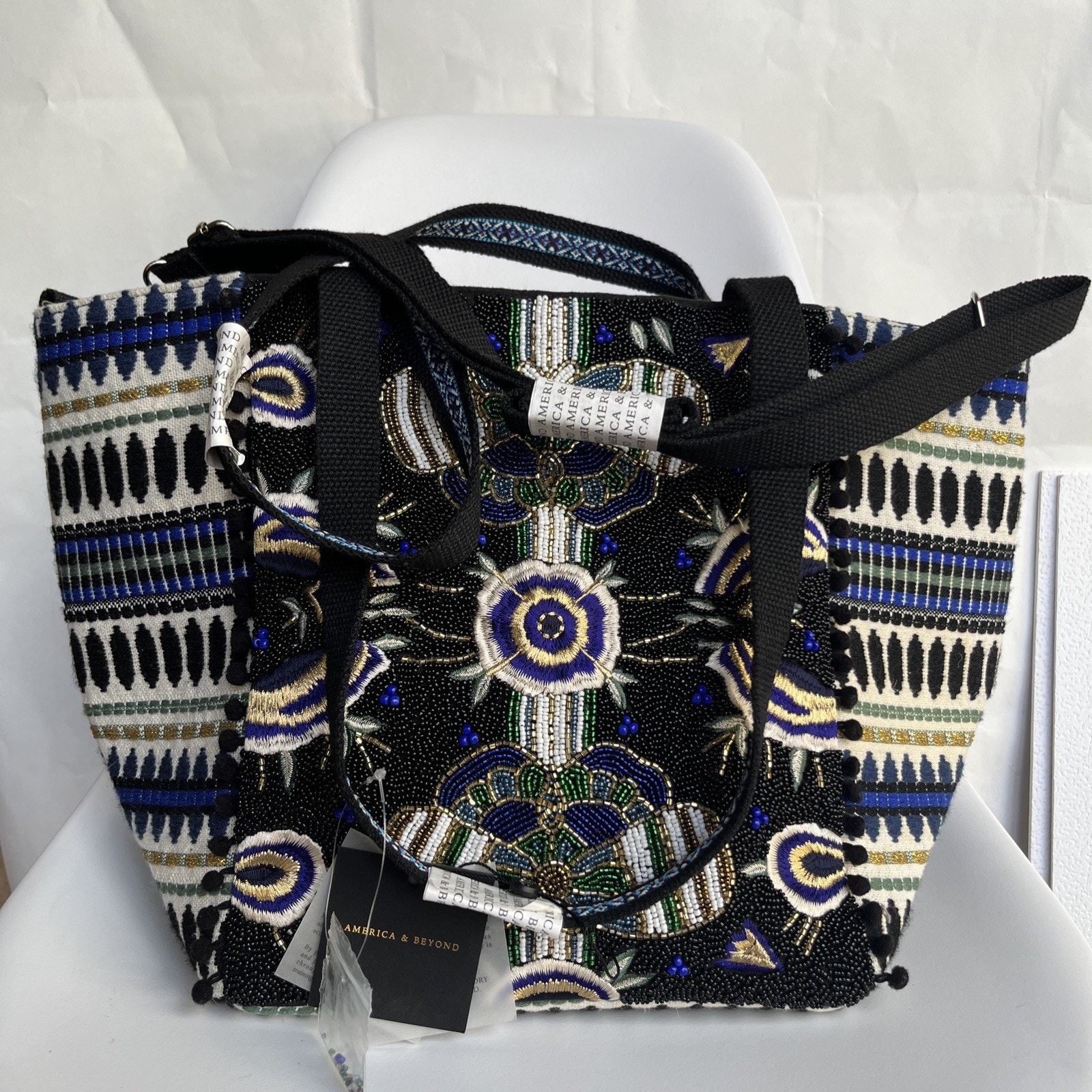 America Beyond Embellished Butterfly Beaded Embroidered Tote Bag Black Blue New
